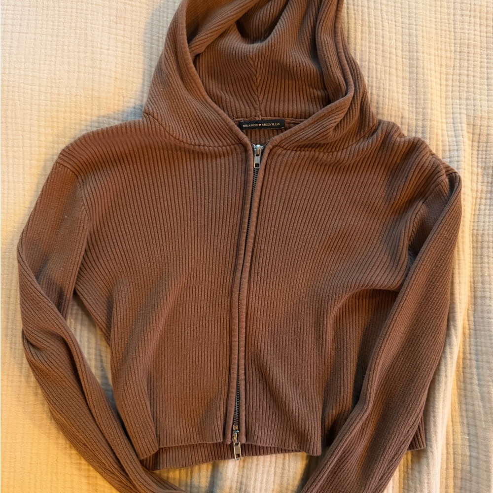 Brown Brandy Melville Ribbed Zip-Up Hoodie